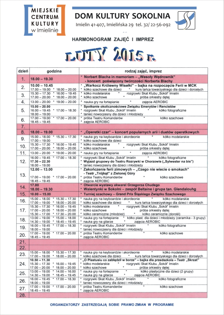 Harmonogram zajęć i imprez Domu Kultury Sokolnia - luty 2015