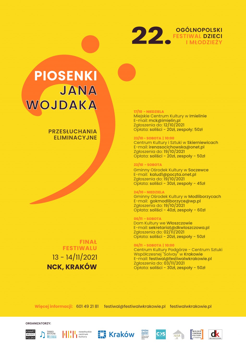 22 ogólnopolski Festiwal Dzieci i młodzieży „Piosenki Jana Wojdaka” - przesłuchania eliminacyjne 17 października (niedziela) - zgłoszenia do 12 października